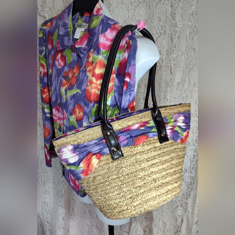 Fashion Coldwater Creek Handbag Straw with Fabric Accents NWOT